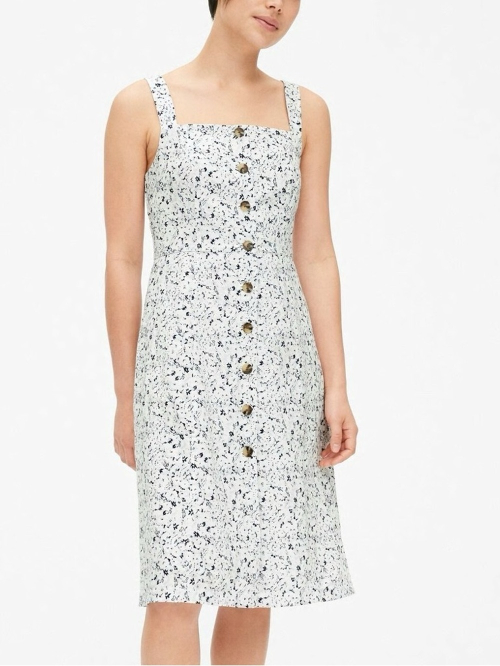 Gap White Grey Navy Floral Linen Blend Button Down Dress Size 4 Petite - Picture 1 of 9
